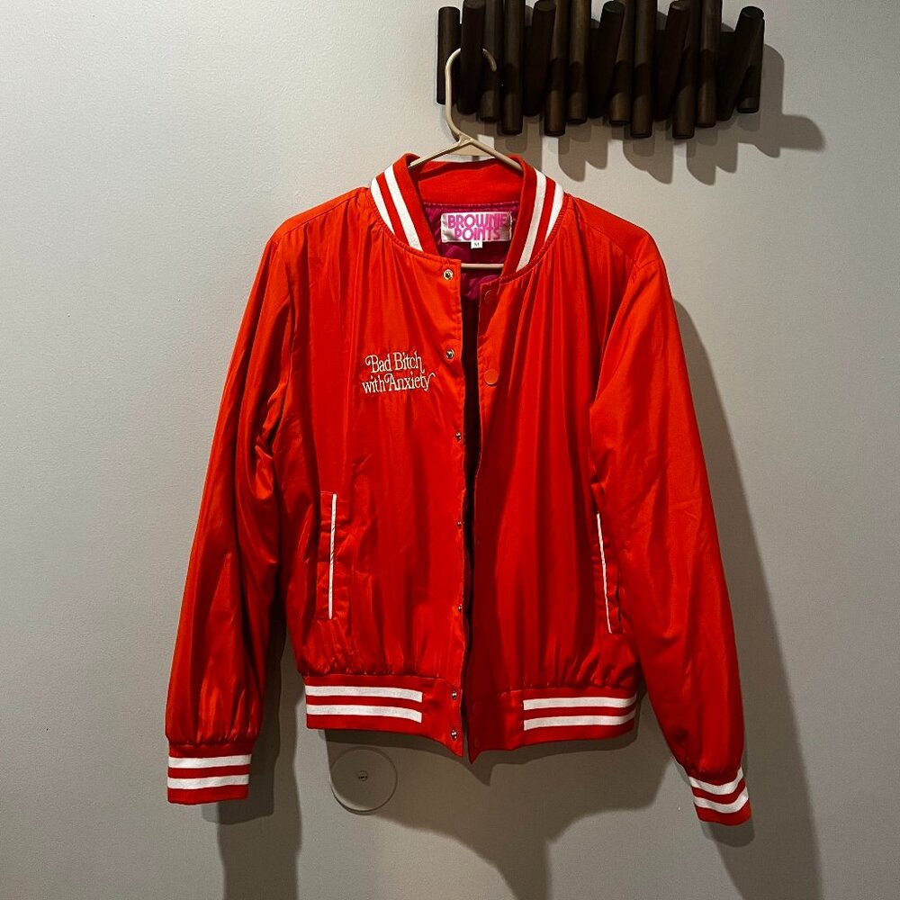 NWOT Brownie Points Varsity Bomber Jacket Bad B**** with Anxiety Sz M